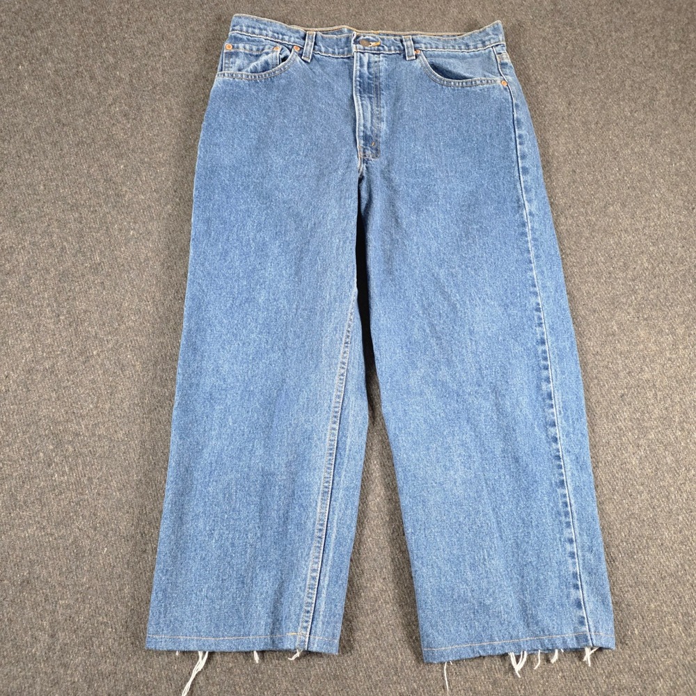 Levis 555 Relaxed Fit‎ Straight Leg Jeans Blue Raw Hem USA Made W32 L25 Size 14